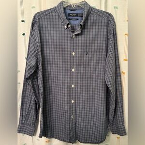 Nautica Men's Navy and White Micro-Plaid Button-Down Shirt